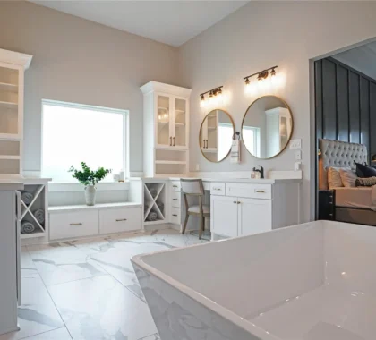 luxury owner bathroom remodel with modern vanity and walk in shower