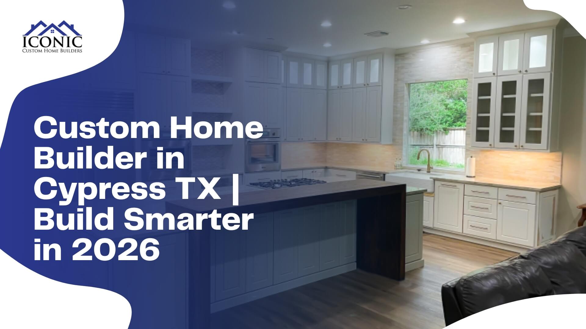 Custom home builder in Cypress, TX kitchen with floor-to-ceiling cabinetry and wood island by Iconic Custom Home Builders