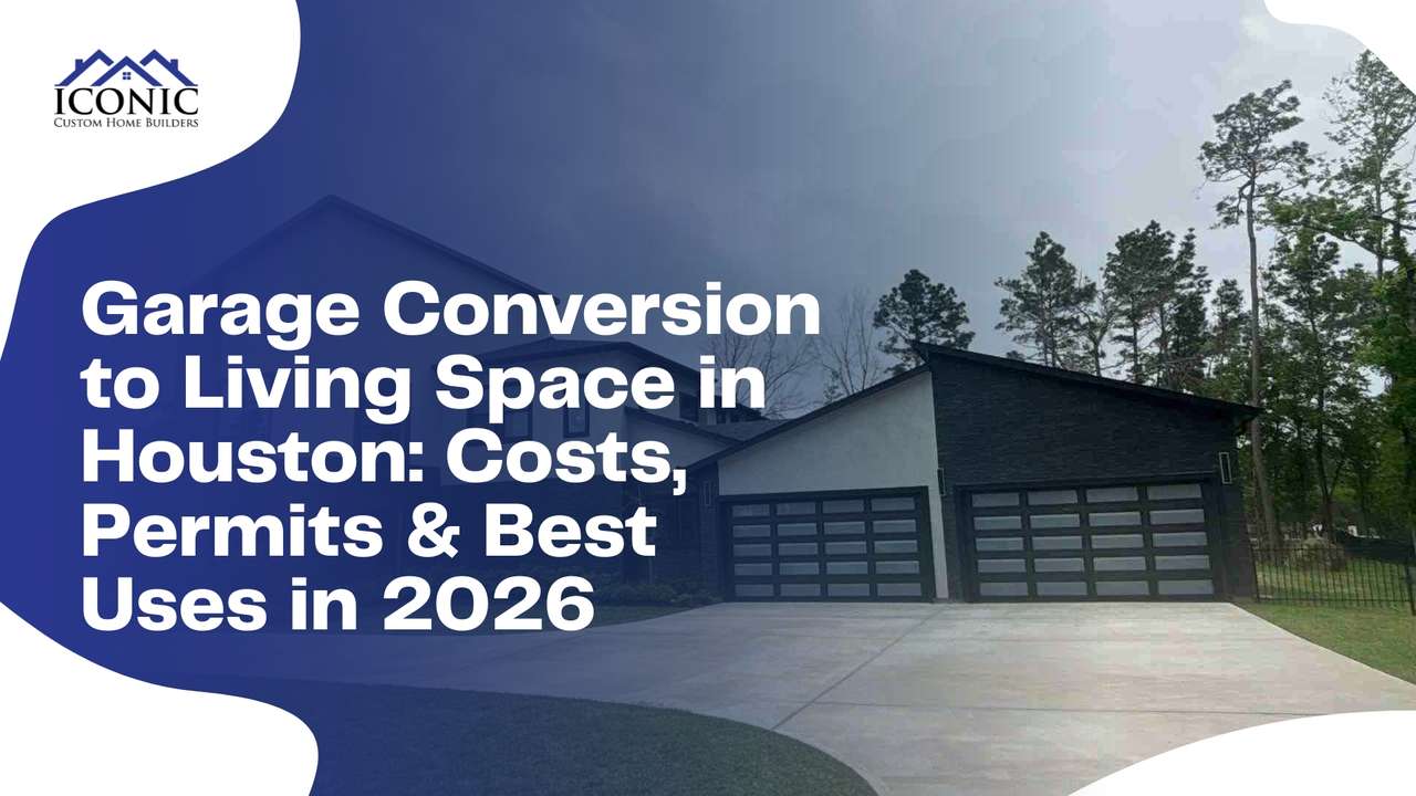 Two-car garage on a custom Houston home ready for conversion to living space by Iconic Custom Home Builders