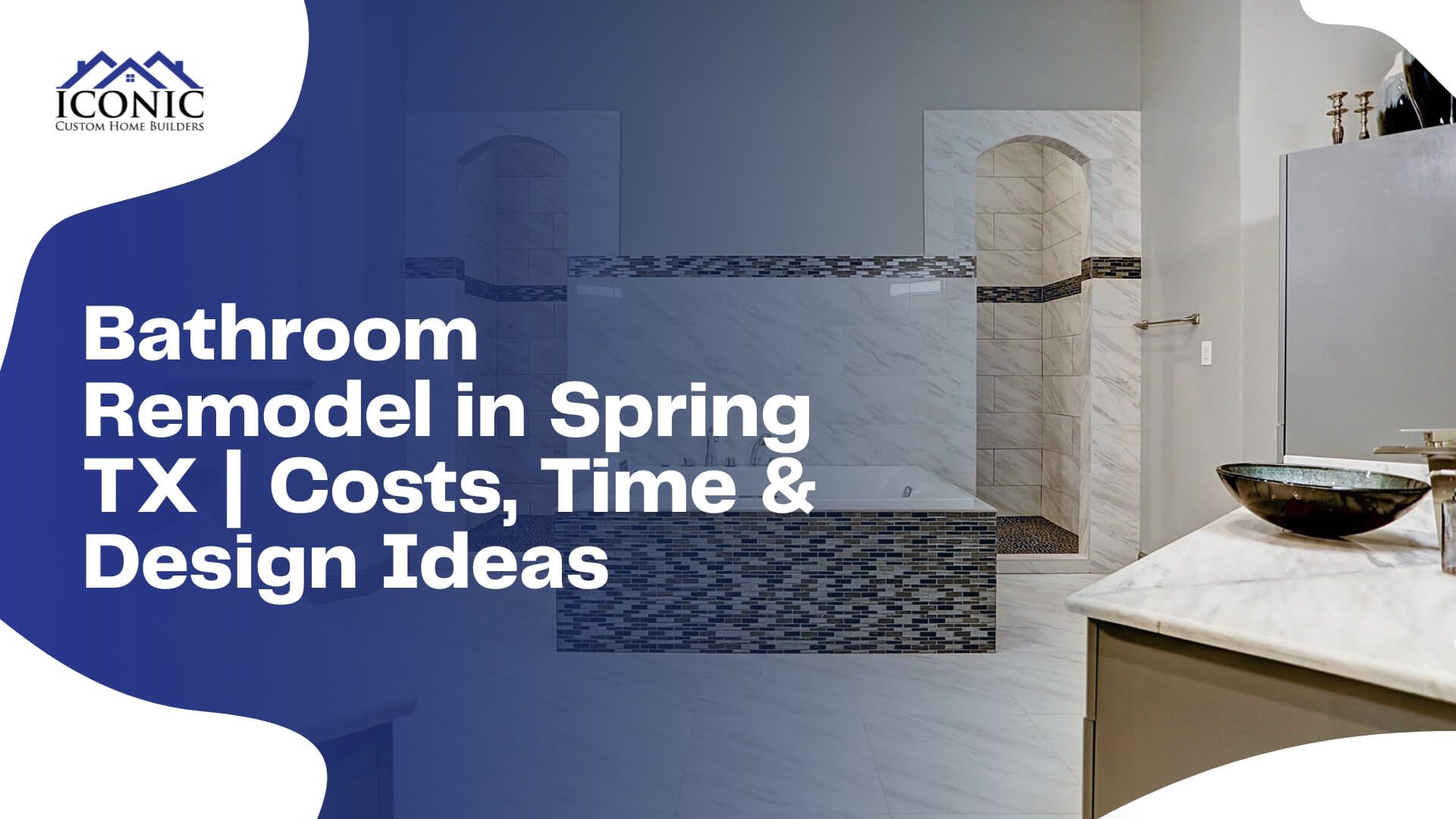 Master bathroom remodel in Spring, TX featuring a marble-tiled soaking tub, walk-in shower, and vessel sink vanity by Iconic Custom Home Builders